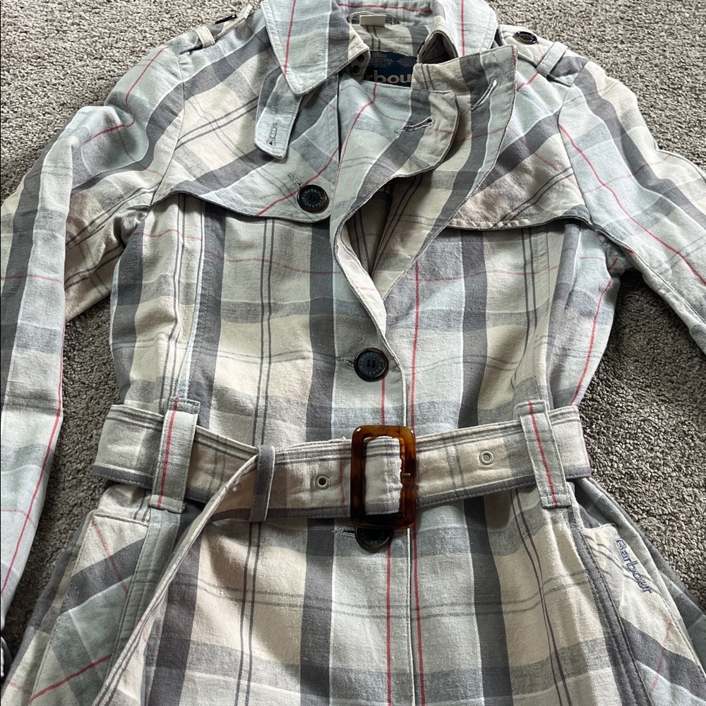 Classic Barbour Pastel Plaid sz4 Cotton Linen Tortoiseshell Hardware Trench EUC - Picture 3 of 16